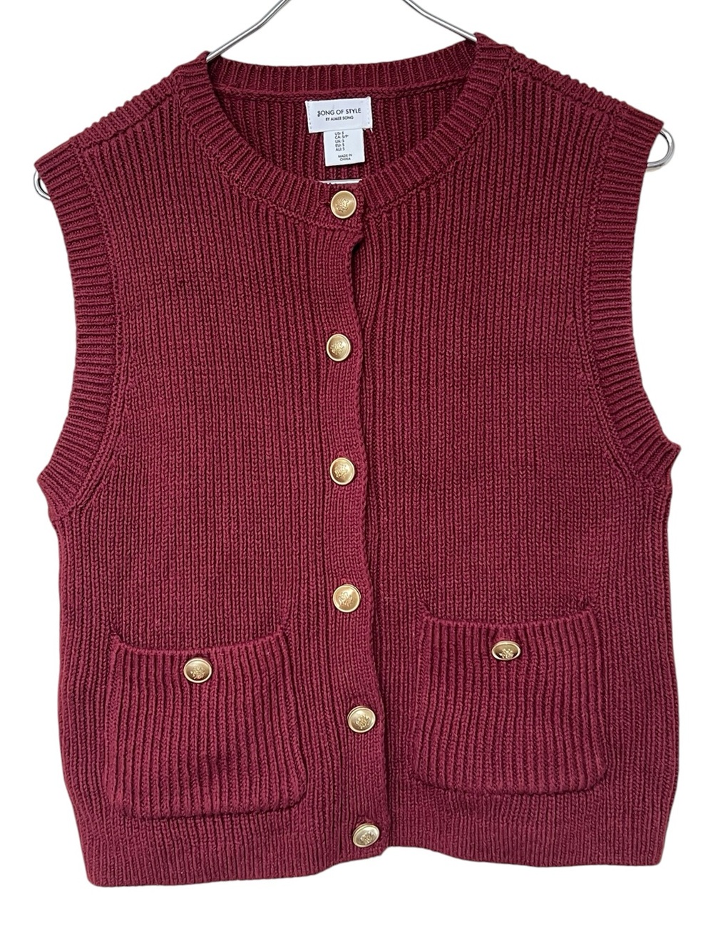Song of Style Revolve wine red ribbed knit vest with gold buttons